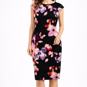 Maggy London Black Midi Dress with Pink and Purple Floral Print